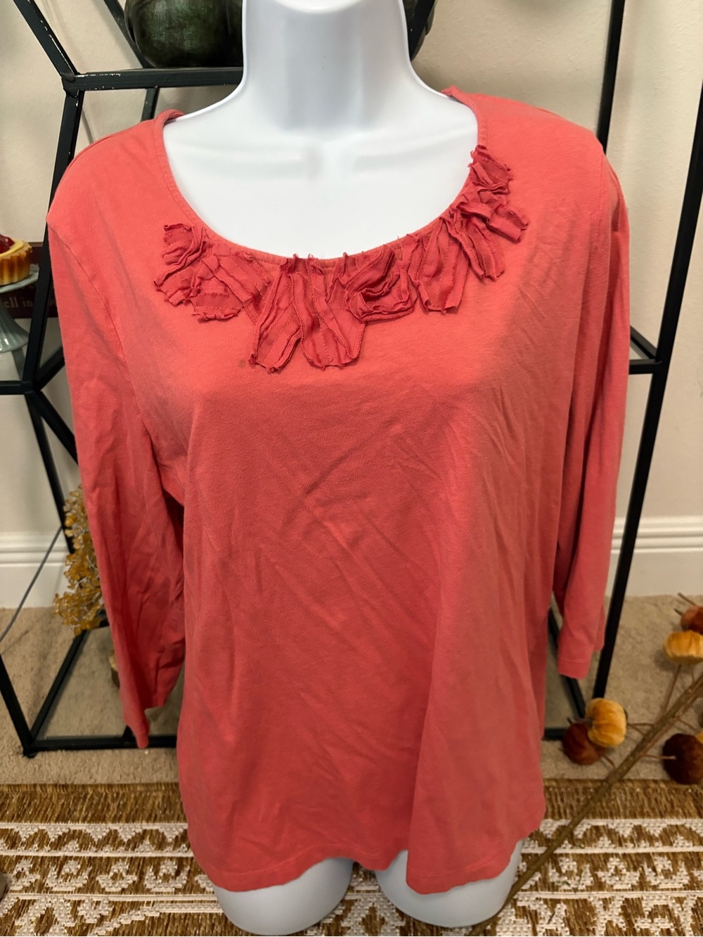 By Chico's womens plus scoop ruffle neck 3/4 sleeve blouse size 3/xl coral